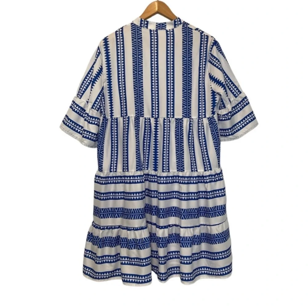 Baby Doll Mini Dress Geometric V-Neck Striped Blue & White Women’s Size Large - Picture 11 of 14